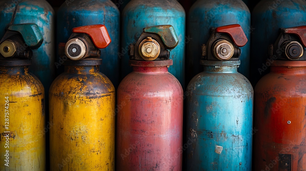 Colorful Industrial Gas Cylinders Array of Aged and Weathered Storage Tanks Colorful Industrial Gas Cylinders Array of Aged and Weathered Storage Tanks