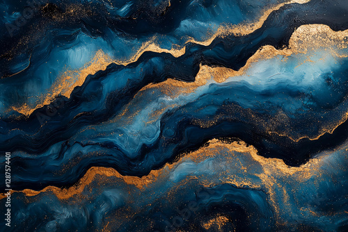 Abstract oil painting with thin, elegant strokes in sapphire blue, gold, and emerald green, blending in soft patterns, ideal for a modern upscale home decor