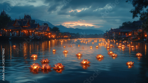 A mystical night ceremony where villagers release lotus lanterns on a sacred river photo