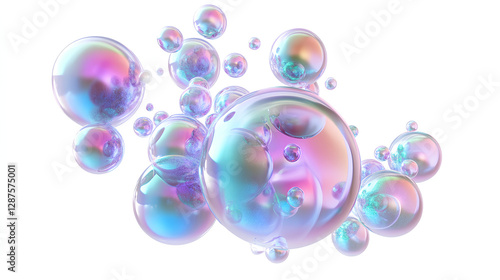Fototapeta Naklejka Na Ścianę i Meble -  shiny bubbles fluid holographic Iridescent 3d render icon isolated on white background 