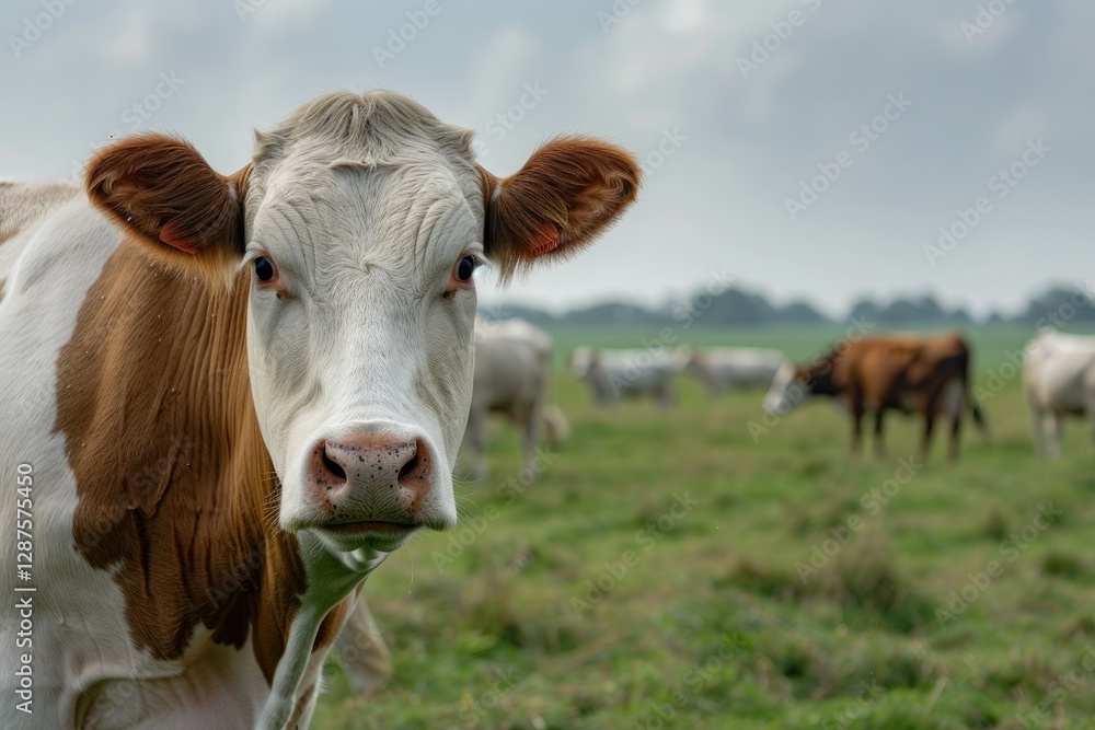White and Brown Cow Looking Straight at the Camera with a Herd of Cows on the Pasture in White and Brown Cow Looking Straight at the Camera with a Herd of Cows on the Pasture in
