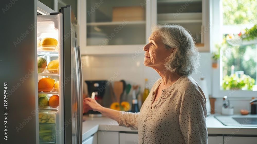 Dementia symptoms as a senior woman forgets to close the refrigerator door in the kitchen. Featuring absent-mindedness and worry Dementia symptoms as a senior woman forgets to close the refrigerator door in the kitchen. Featuring absent-mindedness and worry