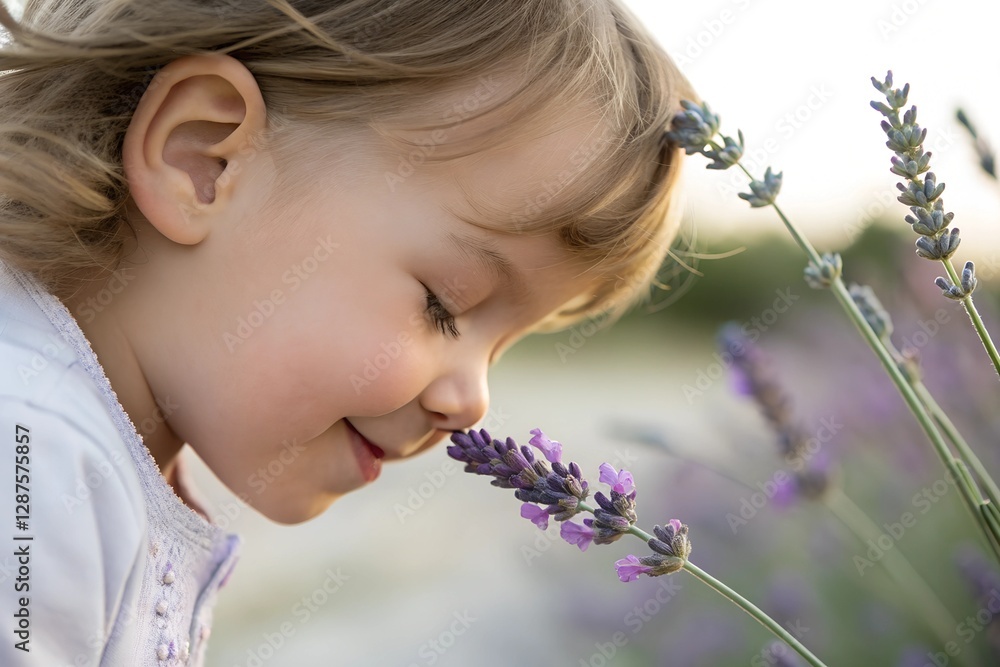 Minimalistic photo of a child smelling a lavender flower, extremely close-up capturing their curious eyes and joyful expression, softly blurred background. Minimalistic photo of a child smelling a lavender flower, extremely close-up capturing their curious eyes and joyful expression, softly blurred background.