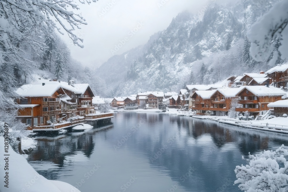 Fototapeta premium Wooden chalets reflecting on the lake during snowfall in Hallstatt, Austria