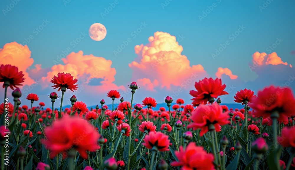 Fototapeta premium A vibrant field of dahlia-like flowers, rendered in warm shades of pink and orange, stretches towards a serene twilight sky.