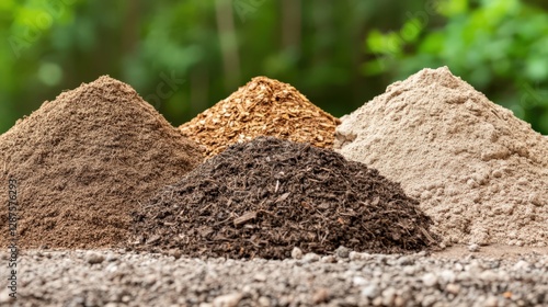 Various types of soil and mulch piles arranged in a natural setting with blurred greenery photo