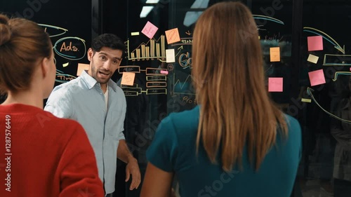 Wallpaper Mural Professional manager explaining business plan to expert investors. Smart businessman sharing, presenting marketing strategy. Leader pointing at mind map and sticky notes on glass wall. Tracery Torontodigital.ca