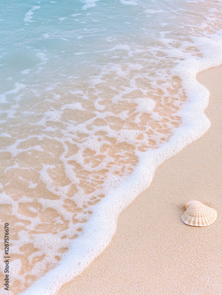 Serene beach scene with seashell and gentle waves on sandy shoreline Serene beach scene with seashell and gentle waves on sandy shoreline