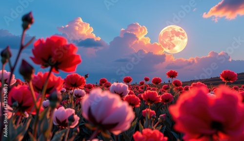 Wallpaper Mural A vibrant field of dahlia-like flowers, rendered in warm shades of pink and orange, stretches towards a serene twilight sky. Torontodigital.ca