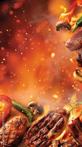 Sizzling grilled meats and vegetables with fiery background for bbq theme
