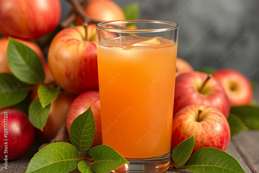 Refreshing Glass of Apple Juice with Fresh Apples and Green Leaves Refreshing Glass of Apple Juice with Fresh Apples and Green Leaves
