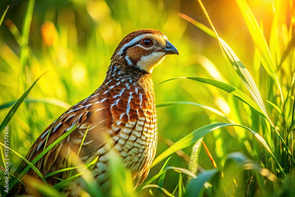 Vibrant Quail Hidden in Lush Summer Grassland Vibrant Quail Hidden in Lush Summer Grassland
