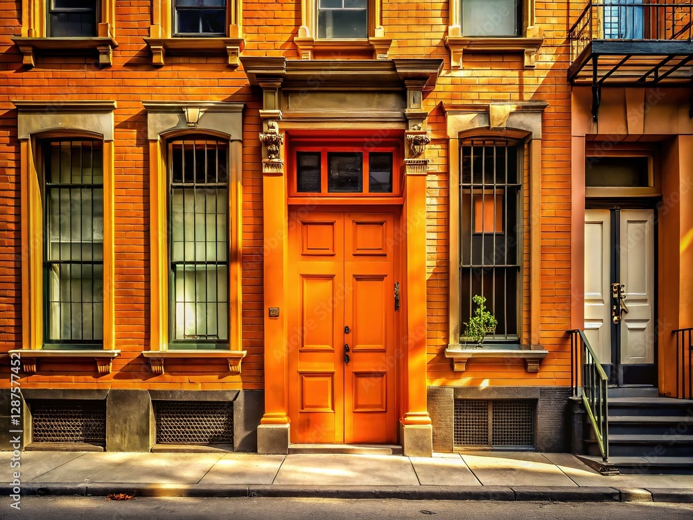 Vibrant Orange Door on First Avenue, Urban Street Scene Vibrant Orange Door on First Avenue, Urban Street Scene