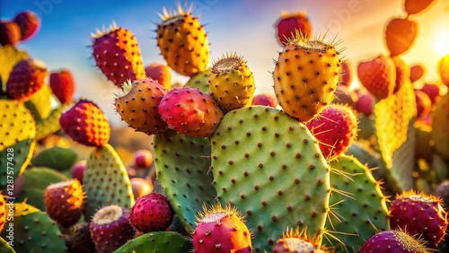 Vibrant Prickly Pear Cactus with Ripe, Juicy Fruits in Desert Sunlight
