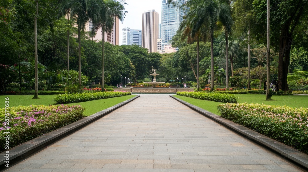 Fototapeta premium City park walkway, fountain, lush greenery