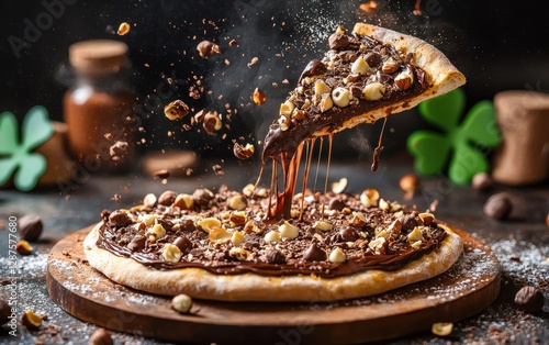 Flying chocolate pizza with Nutella and golden hazelnuts on St Patrick Day