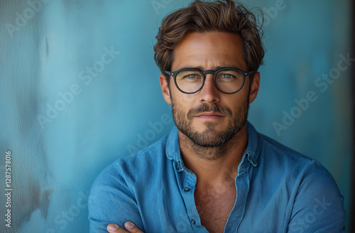 Confident Bearded Man in Glasses with Arms Crossed – Professional Portrait with Casual Blue Shirt, Isolated on White Background. Strong Expression, Sharp Focus, and Copy Space for Design Use