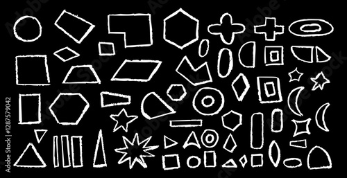 Set of basic geometric shapes. Circle, square, rectangle, triangle and other polygons drawn with charcoal. Collection of outlines geometric symbols for school written by children. Vector illustration.