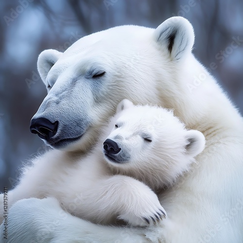 Tender Embrace: A Polar Bear Mother and Cub