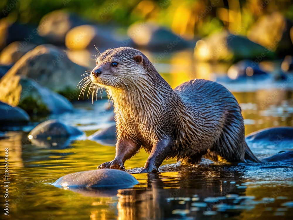 Wet Otter Walking on Lake Rocks - Wildlife Photography Wet Otter Walking on Lake Rocks - Wildlife Photography