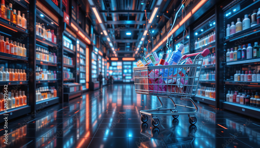 custom made wallpaper toronto digitalA futuristic digital marketplace with real-time global transactions and a glowing shopping cart concept visualizing seamless online purchases.