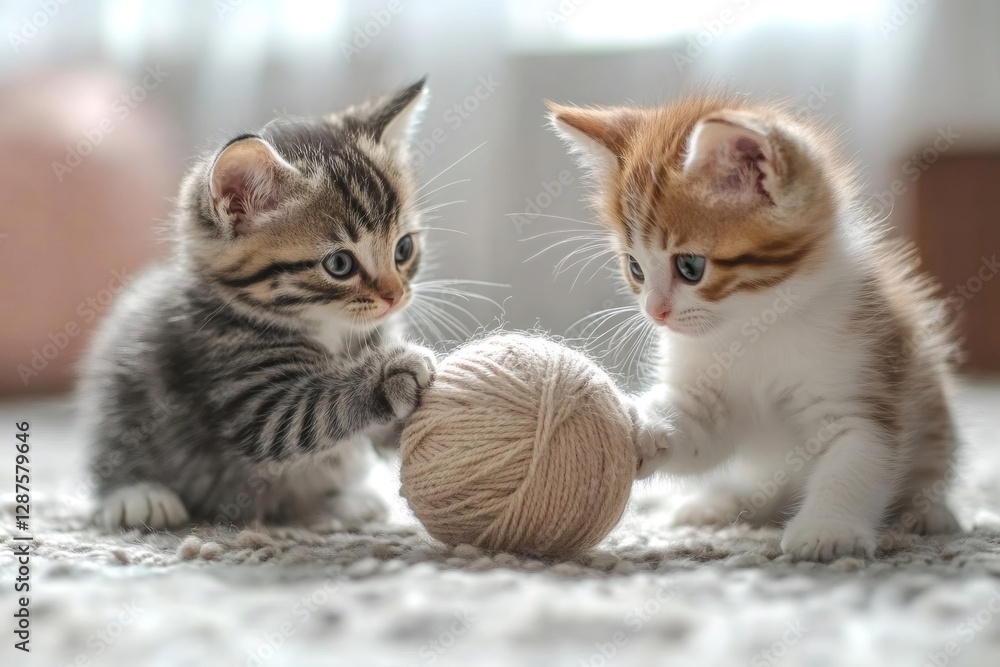 Two kittens playing with ball of yarn on carpet Two kittens playing with ball of yarn on carpet