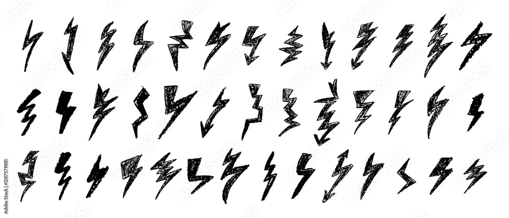 Set of lightning by wax pen drawing. Collection of handdrawing chalk , light flash signs, Doodle thunder bolts, black color design elements. Graffiti style weather symbols. Vector illustration Set of lightning by wax pen drawing. Collection of handdrawing chalk , light flash signs, Doodle thunder bolts, black color design elements. Graffiti style weather symbols. Vector illustration