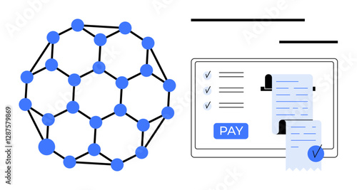 Blockchain network represented as connected nodes beside a digital screen with payment receipt and pay button. Ideal for cryptocurrency, decentralized systems, online transactions, fintech, financial