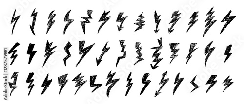 Set of lightning by wax pen drawing. Collection of handdrawing chalk , light flash signs, Doodle thunder bolts, black color design elements. Graffiti style weather symbols. Vector illustration