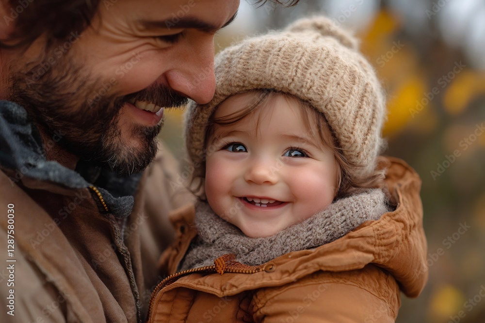 Father and daughter smiling and sharing a tender moment outdoors in autumn Father and daughter smiling and sharing a tender moment outdoors in autumn