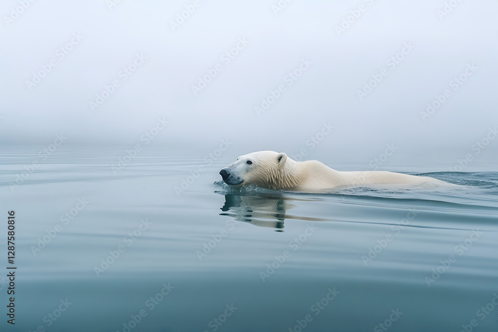 Fototapeta premium A solitary polar bear swimming in a calm, open sea