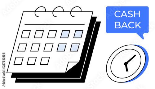 Spiral-bound calendar, clock, and Cash Back speech bubble. Ideal for time management, financial planning, rewards, savings, deadlines offers and punctuality concepts. Minimalist abstract line flat