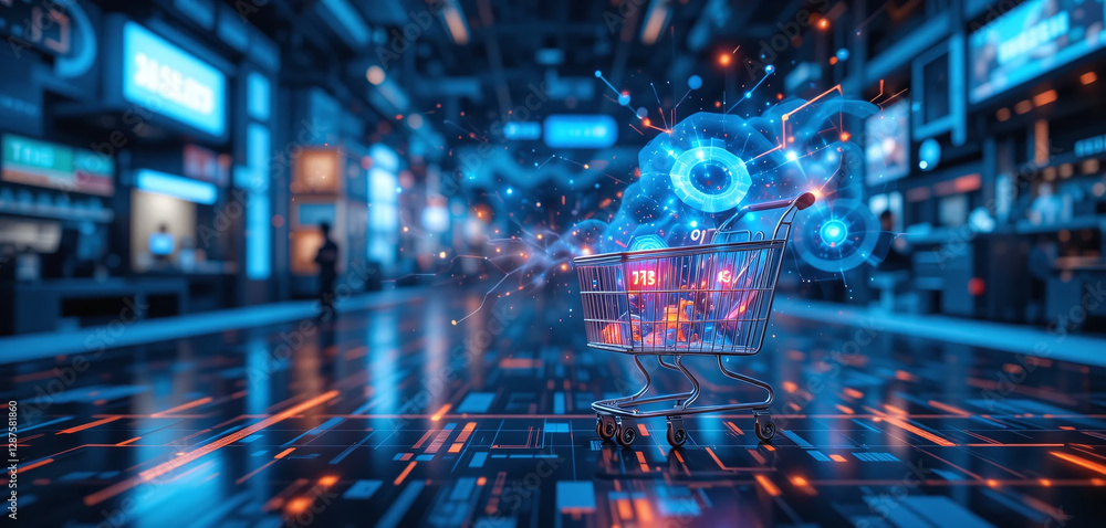 A futuristic digital marketplace with real-time global transactions and a glowing shopping cart concept visualizing seamless online purchases. A futuristic digital marketplace with real-time global transactions and a glowing shopping cart concept visualizing seamless online purchases.