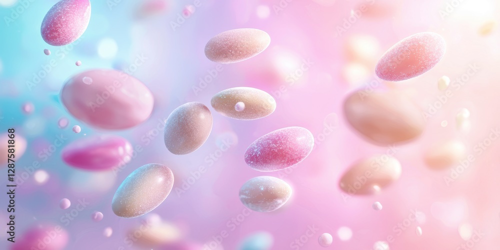 Flying sugar-coated almonds with pastel hues on luminous Easter backdrop Flying sugar-coated almonds with pastel hues on luminous Easter backdrop