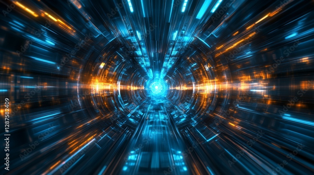 Futuristic tunnel with blue and orange lights in motion creating a dynamic effect Futuristic tunnel with blue and orange lights in motion creating a dynamic effect