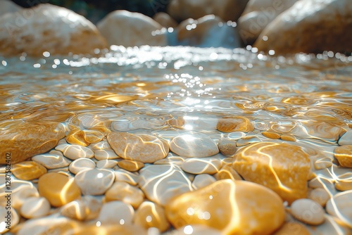 Crystal-clear river water gently flowing over smooth pebbles, reflecting sunlight photo