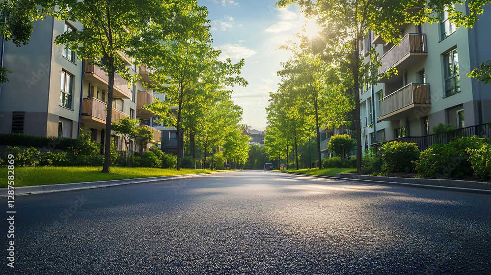 Wide asphalt road runs between modern apartment buildings. Green trees line both sides of road creating tranquil urban landscape. Bright sunlight illuminates scene creating warm summer day 