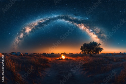 Bonfire burning near campsite under magical arch of Milky Way in starry night sky