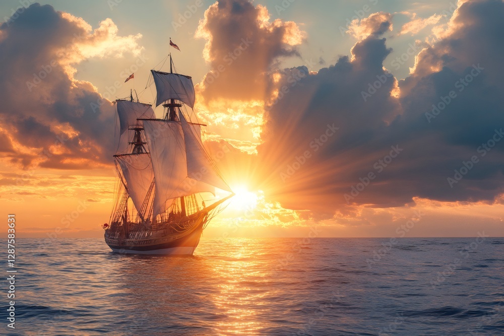 Fototapeta premium Old sailing ship navigating at sunset in the ocean