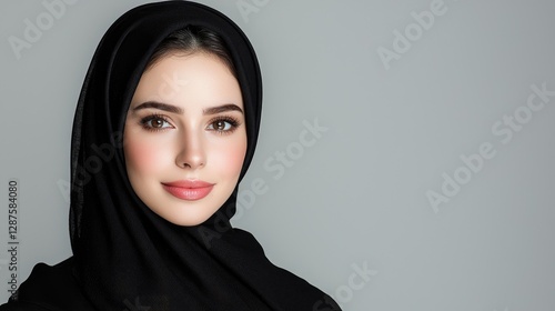 Woman in black hijab, studio portrait, beauty shot,  professional photo
