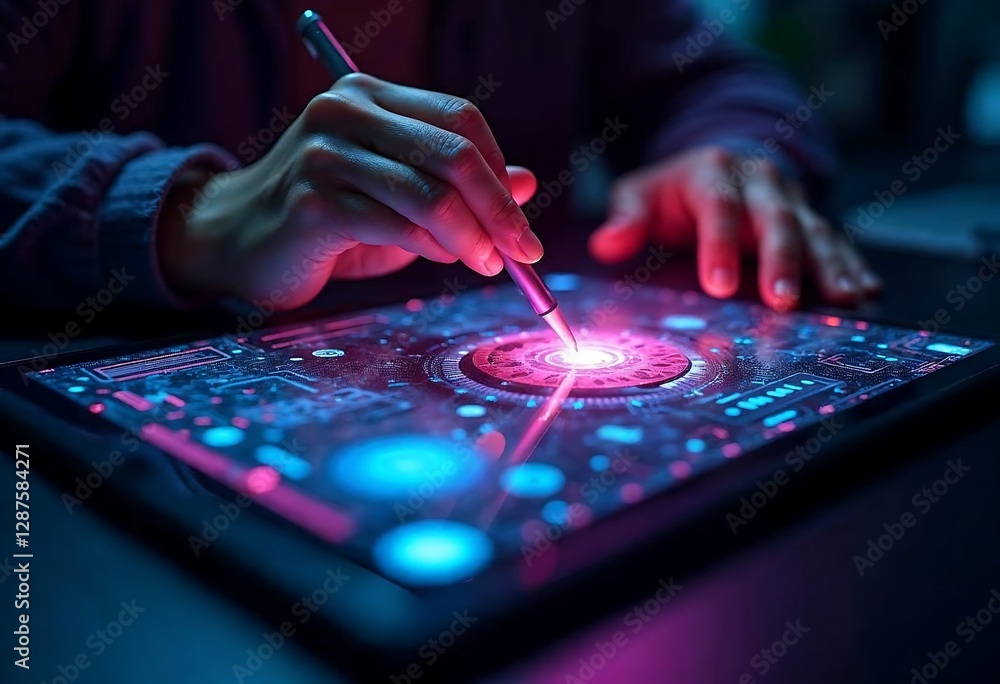 Fototapeta premium A hand holds the electronic circuit board, its processor a tiny bet in the complex game of modern technology