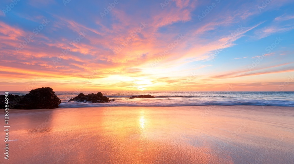 Coastal sunset; tranquil beach scene; golden hour; soft clouds Coastal sunset; tranquil beach scene; golden hour; soft clouds
