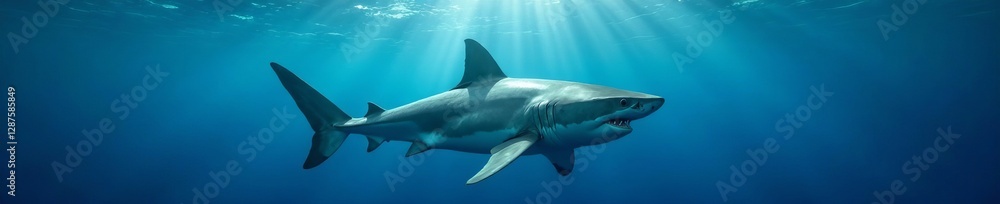 Fototapeta premium Majestic great white shark swimming in blue ocean waters, powerful predator, animal, wildlife, underwater