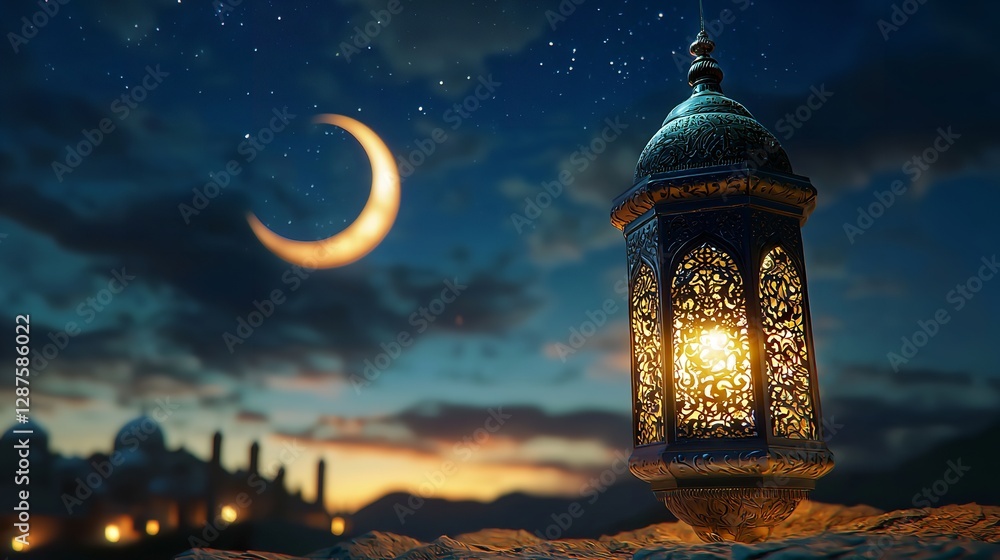 Ramadan Lantern Glowing Under a Crescent Moon at Twilight, Casting a Warm Light Against a Dark Sky and Distant Mosque Silhouette, Evoking a Peaceful and Spiritual Ambiance
Ramadan Lantern Glowing Under a Crescent Moon at Twilight, Casting a Warm Light Against a Dark Sky and Distant Mosque Silhouette, Evoking a Peaceful and Spiritual Ambiance
