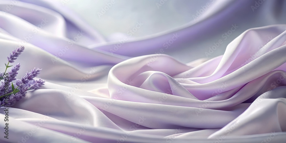 Obraz premium Serene Lavender Blooms Resting on Soft, Draped Lilac Fabric, Evoking a Sense of Calm and Tranquility