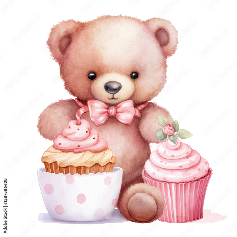 Süßer Bär mit Cupcakes und Schleife in Aquarellfarben Süßer Bär mit Cupcakes und Schleife in Aquarellfarben