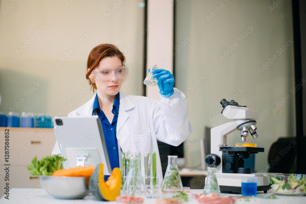 Scientist analyzing food samples in modern lab with advanced equipment for safety, nutrition, and biotechnology research. Scientist analyzing food samples in modern lab with advanced equipment for safety, nutrition, and biotechnology research.