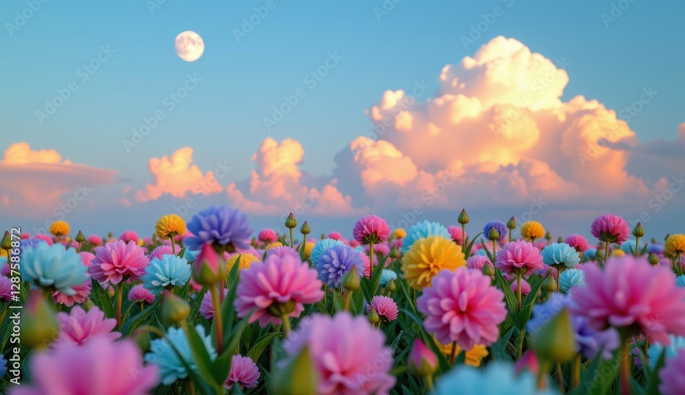 A whimsical and vibrant field of multicolored flowers stretches towards a serene twilight sky, where fluffy clouds catch the soft light of the setting sun A whimsical and vibrant field of multicolored flowers stretches towards a serene twilight sky, where fluffy clouds catch the soft light of the setting sun
