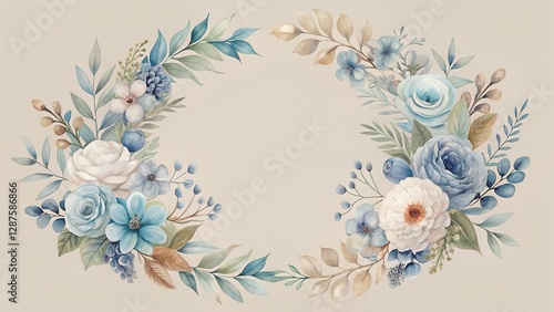 Elegant floral wreath with muted blue and beige tones, perfect for invitations or announcements.