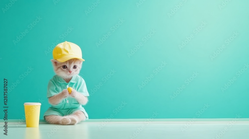 A cute kitten wearing a yellow cap, playfully holding a toy in a vibrant, colorful setting. A cute kitten wearing a yellow cap, playfully holding a toy in a vibrant, colorful setting.